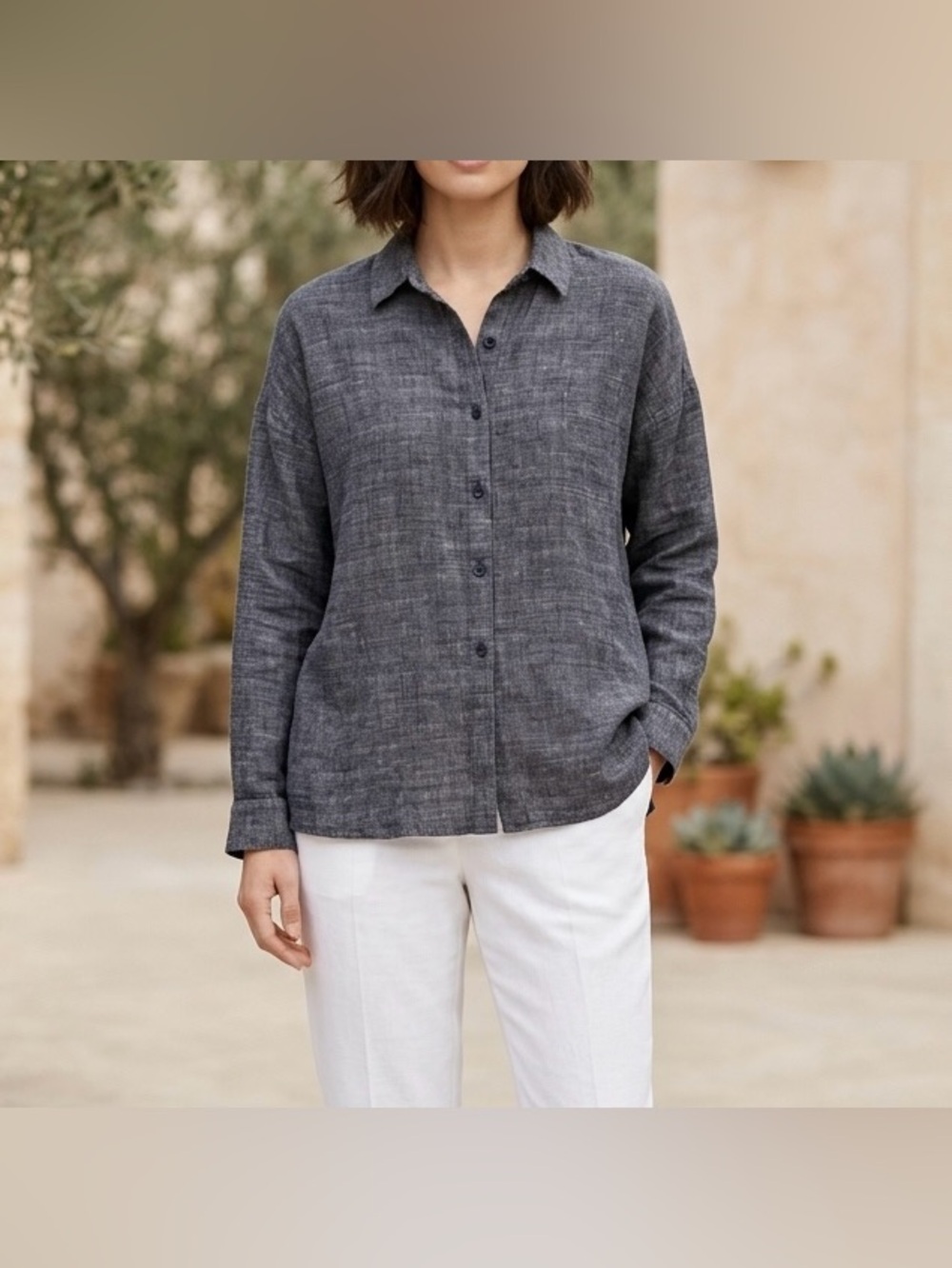 Eileen Fisher Charcoal Gray Linen Blend Delave Button Down Shirt Size XS Coastal